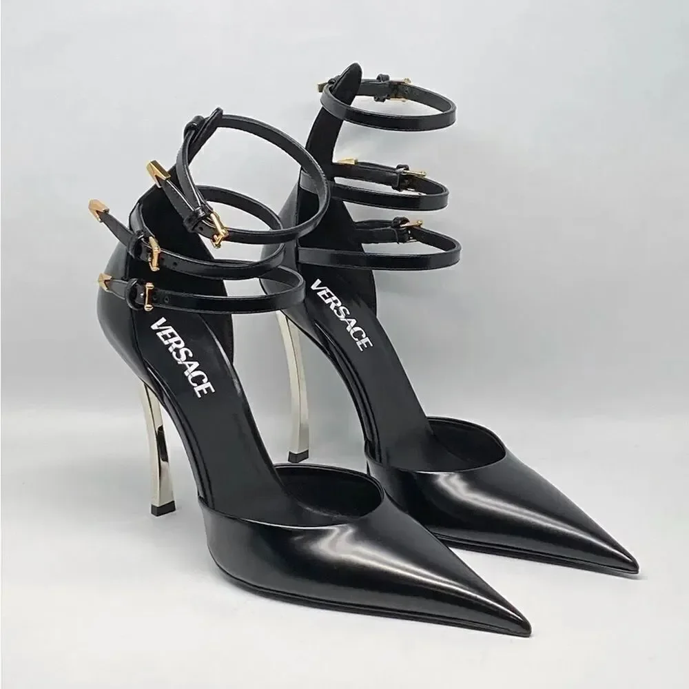 Versace Pin Point Leather Ankle Strap Pumps